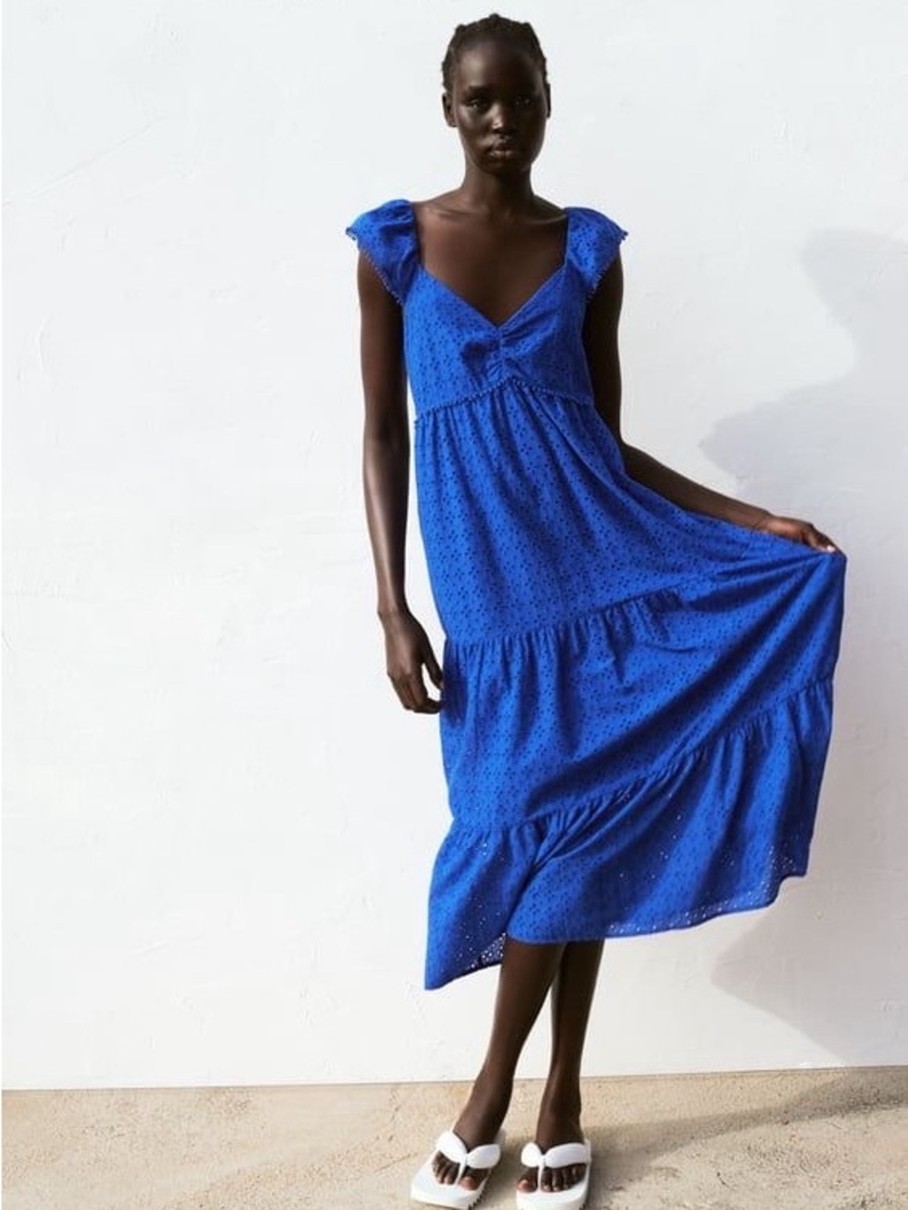 Zara Cobalt Embroidery Eyelet Tiered Maxi Dress